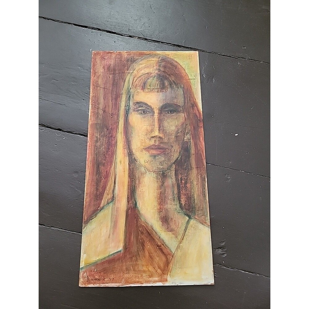 1957 Signed Warwick Original Painting On Board Face Portrait Man Woman Art Vtg